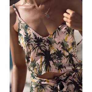 Alia Blue Linen Tropical Sleeveless Top, Size Small